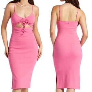ROXY Women's Wavey Baby Dress Stretchy Ribbed Cutout Ruched Tank Pink X-Small XS